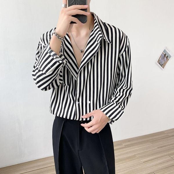 

men's casual shirts 2021 loose stripe printing lazy style coats long sleeves hawaiian handsome lapel collar black color -2xl, White;black