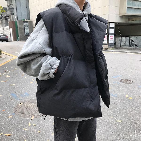 

men's vests winter thick vest warm fashion solid color casual cotton men streetwear wild loose korean coat mens m-xl, Black;white