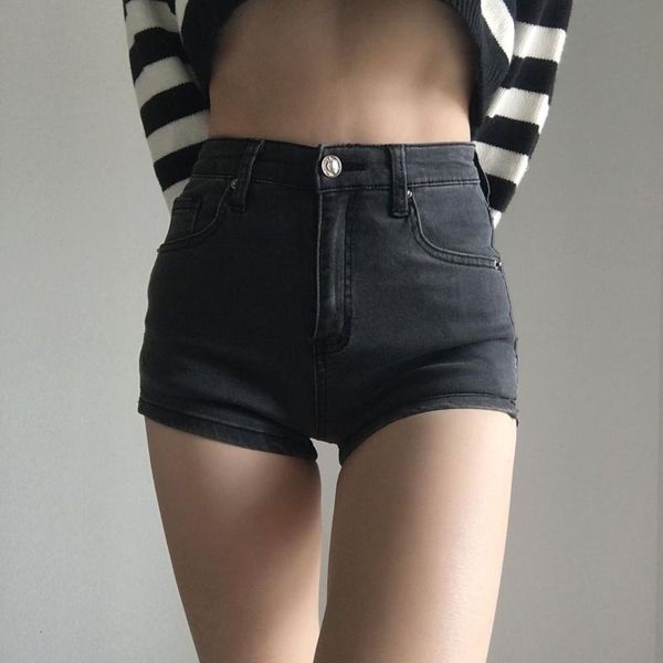

european and american retro high waist peach buttocks small split bag hips thin slim denim shorts, Blue