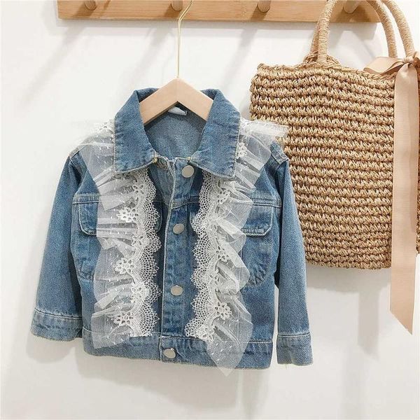 

spring autumn children clothes girls princess jeans coat kids lace ruffle washed denim jackets outwear cardigan, Blue;gray
