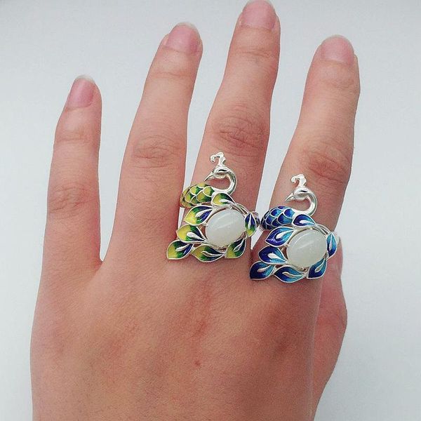 

cluster rings fnj 925 silver animal peacock ring for women jewelry 100% original pure s925 sterling natural hetian jade enameling, Golden;silver