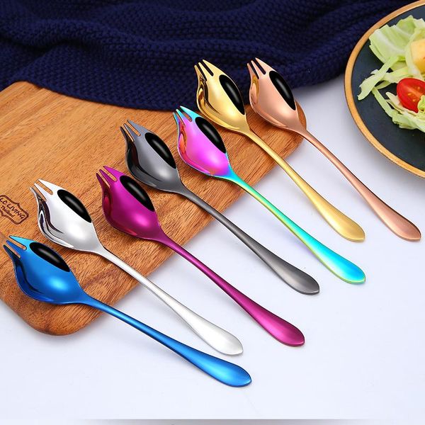 

forks 304 stainless steel fruit fork dessert for cake snack salad spoon 2 in 1 colorful rainbow bento accessories