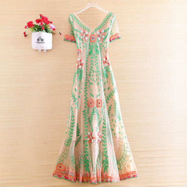 

dress the spring and summer women mesh vintage embroidery floral slim elegant lady party a-line dress s-xl, Black;gray
