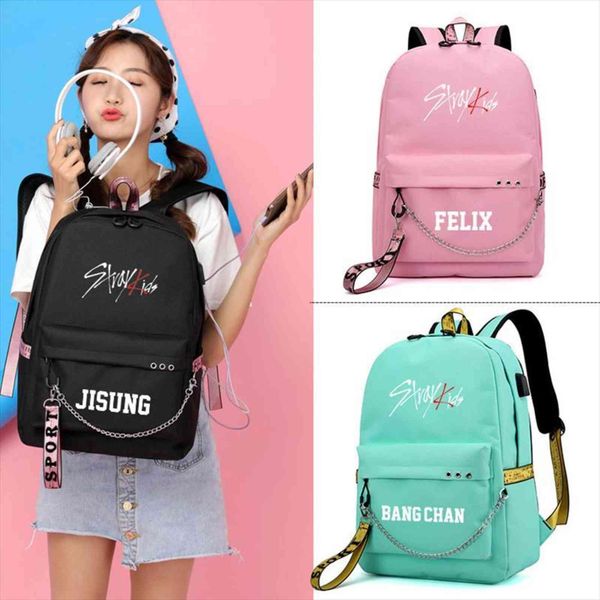

korean band stray kids changbin seungmin women backpack canvas school bags for teenage girls pink laptop