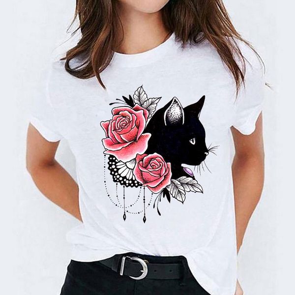 

women's t-shirt womens female tee t graphic t-shirts for women cat elegant floral flower summer autumn trend ladies print lady, White