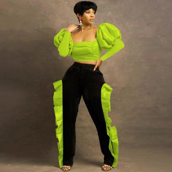 

women's two piece pants unique design 2 tracksuit clothes long puff sleeve ruched slim crop and cascading ruffles trouser outfits, White