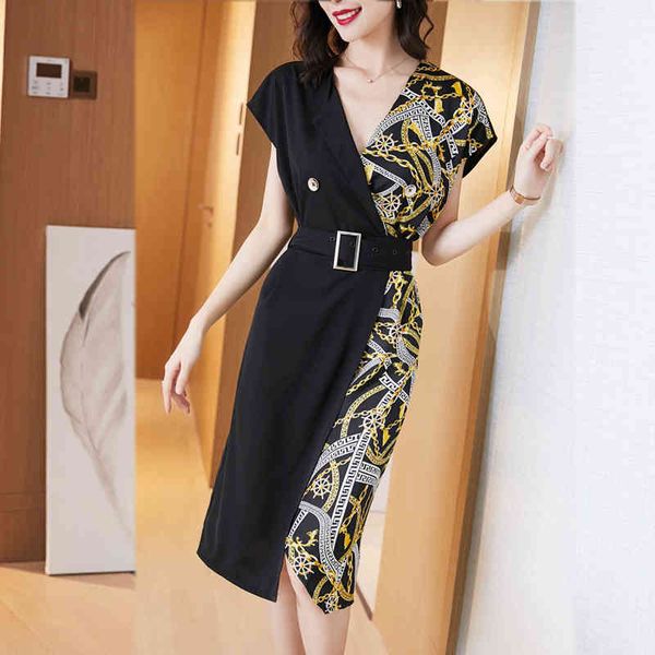

dress women autumn black chain printing sleeveless office lady elegant bodycon dresses with belt femme robe vestido de mulher 210520, Black;gray