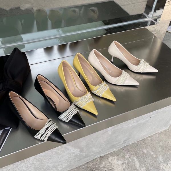

fashion women yellow shoes female pumps slip on thin high heels pearl chain shallow dress party office shoes woman 210513, Black