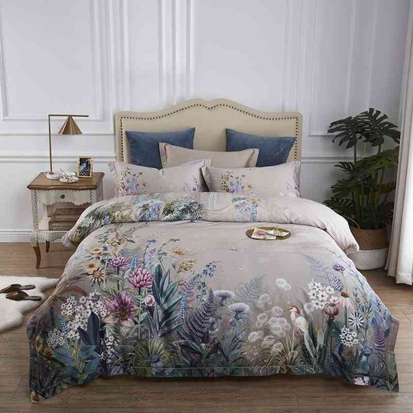 100% cotone egiziano formato USA biancheria da letto Queen King 4 pezzi uccelli e fiori foglia grigio shabby copripiumino lenzuolo fodere per cuscini 210721