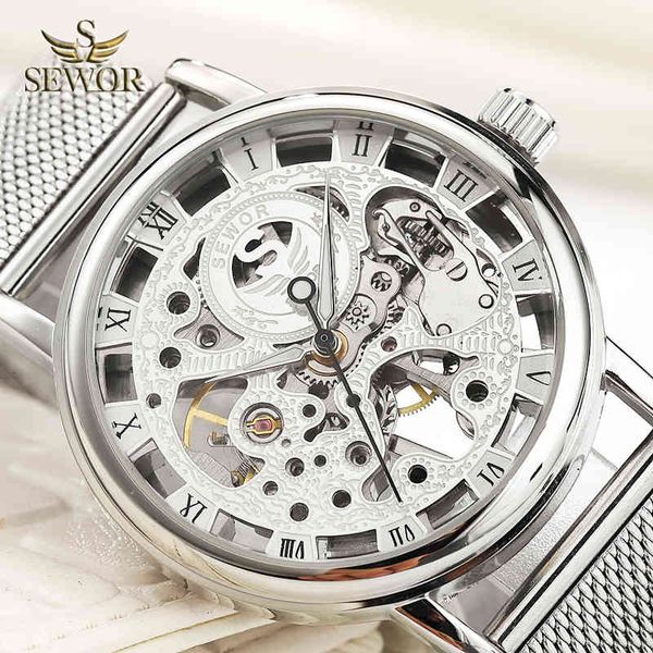 

sewor luxe merk heren 2019 fashion new mesh skeleton fully steel sport mechanical watches men's belt polshorloge sier c413, Slivery;brown