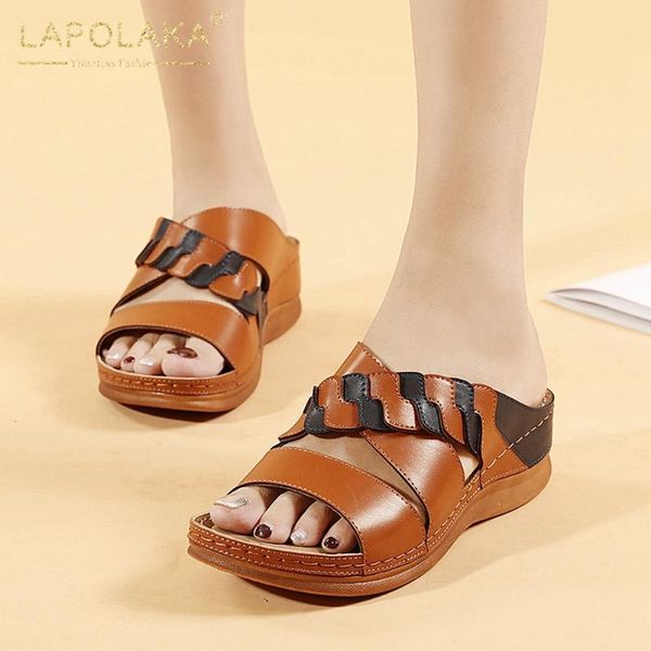 

lapolaka arrivals 2021 flip flops wedges heel platform summer retro beach vacation ins dropship casual slippers woman shoes, Black