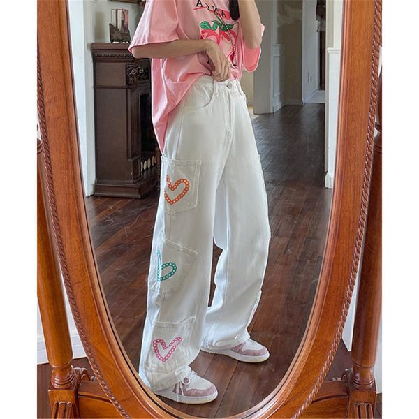 

women's jeans jeans, white, heart print, female, wide, harajuku style f56q, Blue