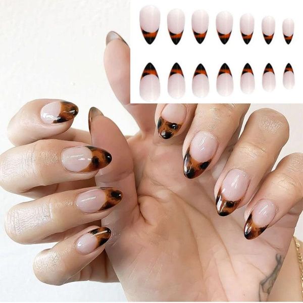 

false nails full cover caramel french almond fake nail tips wearable, Red;gold