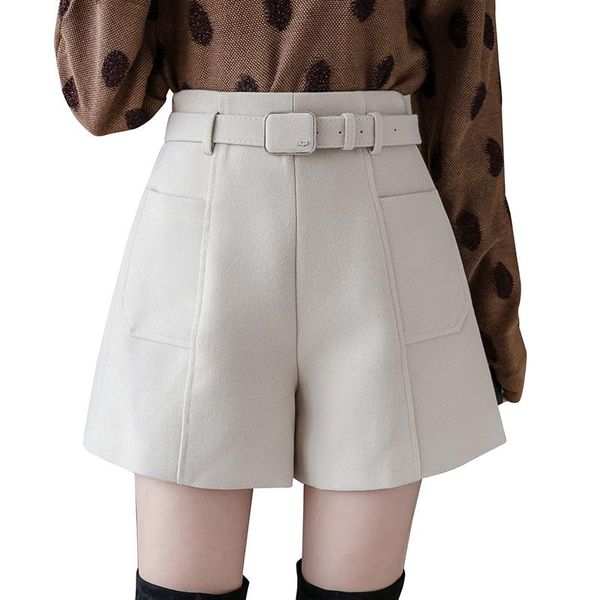 

women's shorts plus size winter women woolen wide leg a-line outer boots trouser with belt high waist midi girl, White;black
