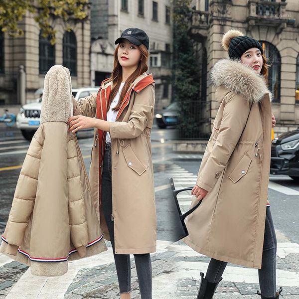 

women's down & parkas cotton fur collar long hooded parka 2021 winter jacket women big pocket removable wool liner three ways wear coat, Black