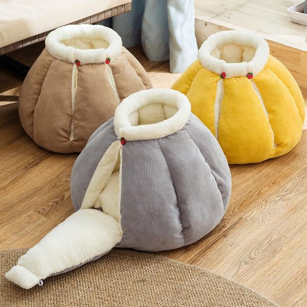 

cat beds & furniture winter warm house semi closed windproof corduroy pet bed thicken pp cotton puppy kitten mats cute cartoon pumpkin shape