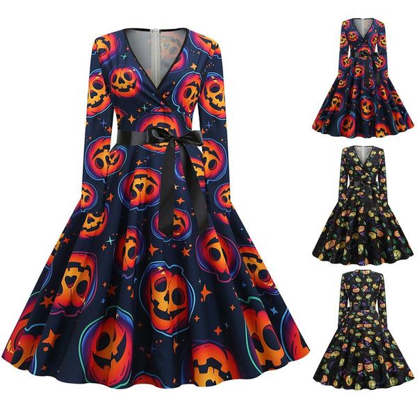 

casual dresses halloween costumes for women dress ladies retro print patchwork long sleeve evening v-neck party prom vintage jurken, Black;gray