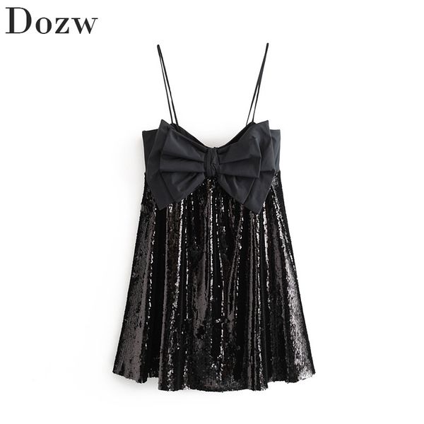 

women stylish sleeveless sequins mini dress bow decorate spaghetti strap lady dresses black color loose sundress ropa mujer 210414, Black;gray
