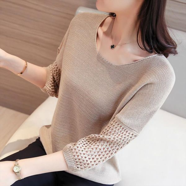 

fashion lantern sleeve women blouses o neck hollow knitted womens and c845, White