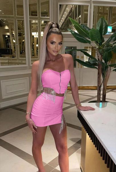 

streetwear rhinestones tassel women tracksuits skirts 2 piece outfits zipper off the shoulder crop mini two set dress, Gray