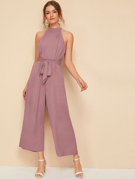 

split back belted halter palazzo jumpsuit h9eu#, White