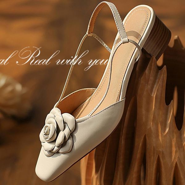 

sandals women natural leather plus size 22-25.5 cowhide camellia flower full shoes for french retro style, Black
