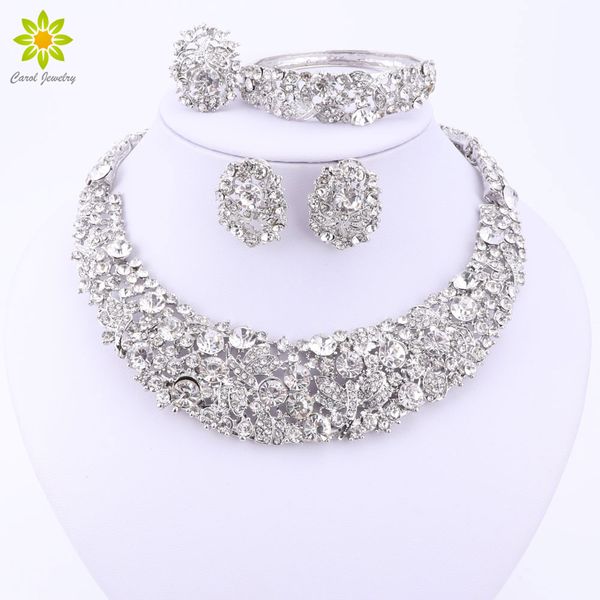 

nigerian wedding african beads jewelry sets crystal necklace sets silver plated jewelry set wedding accessories party, Slivery;golden