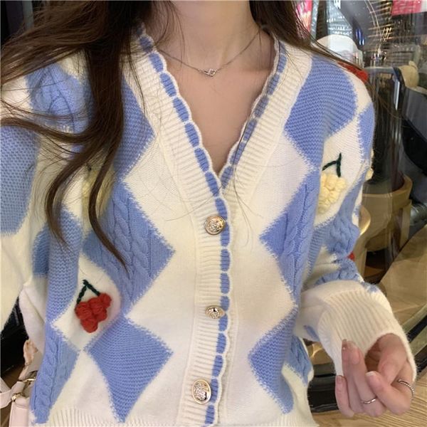 

women's knits & tees women winter v neck sweater casual korean cardigan long sleeve straight soft knit sueter warm jumper argyle famale, White