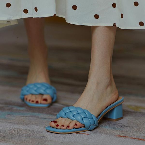 

slippers women weave white leather summer shoes woman 4cm chunky heels slides red lady sandalias femmes fashion sandals 2xvw, Black