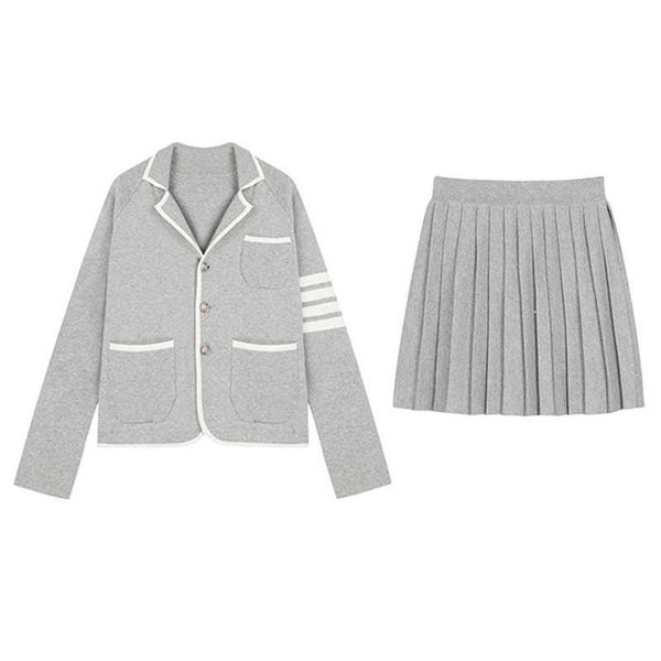 

perhaps u women knitted blue pink gray two pieces set pleated skirt cardigan chic elegant t0446 210529, White
