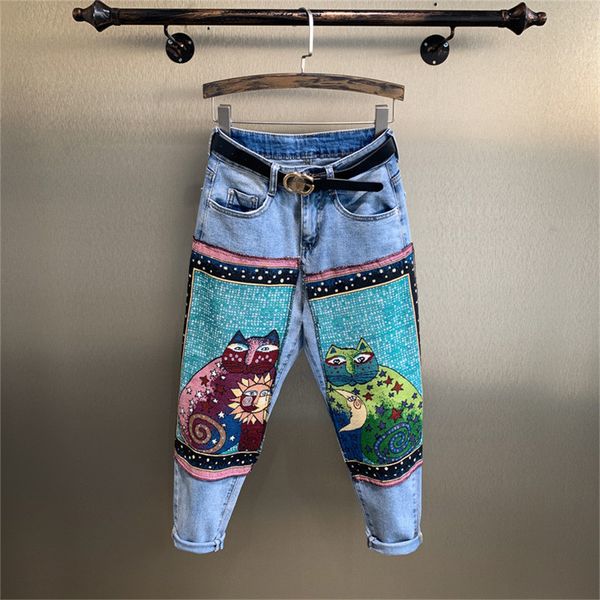 

women's pants & capris cartoon cat pattern embroidery women jeans high waisted tooling casual denim trousers loose boyfriend for 9, Black;white
