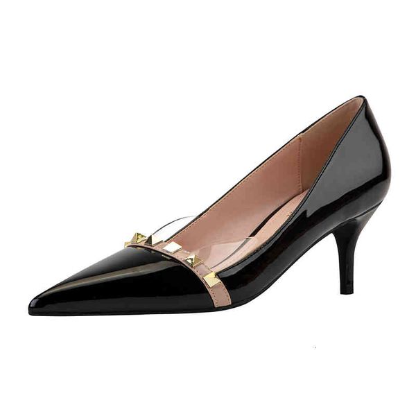 

869-1 dress shoes thin transparent wedding party banquet high heels stiletto patent leather shallow mouth pointed metal rivets european, Black