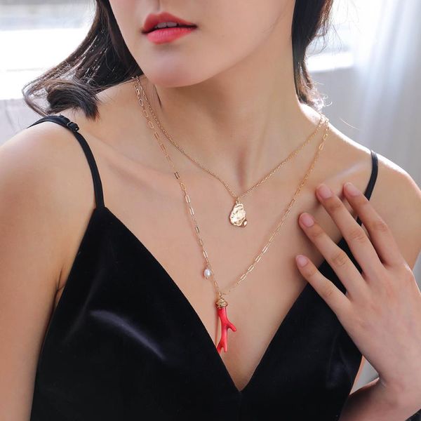 

pendant necklaces multilayer necklace fashion irregular water drop coral pearl wild female, Silver