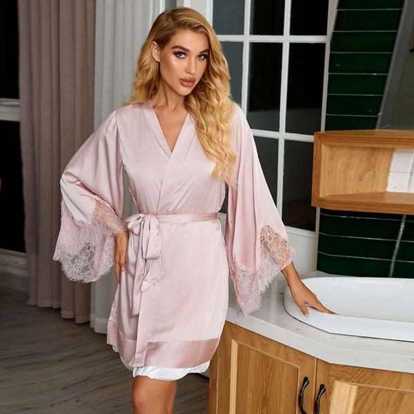 

bathrobe guiruo pajamas satin deep v lace up robe bathrobe home suit 6039