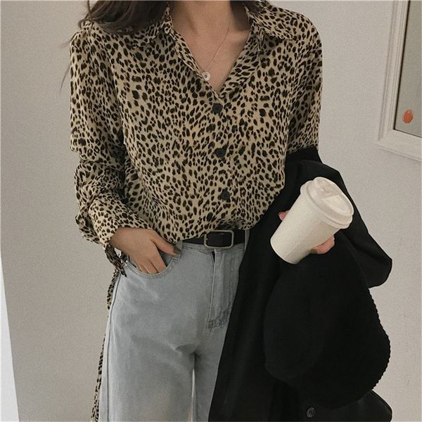 

leisure leopard casual all match animal printed women loose cardigans shirts elegance ol chic blusas blouses 210421, White