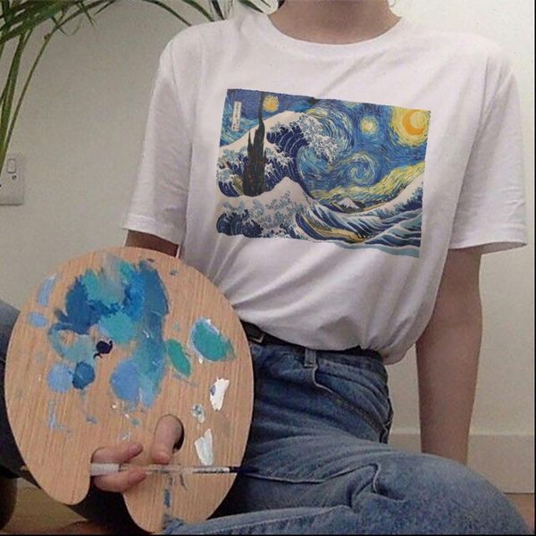 

women ukiyoe vincent van gogh print harajuku aesthetic clothes short sleeve tee art vintage japanese style streetwear, White