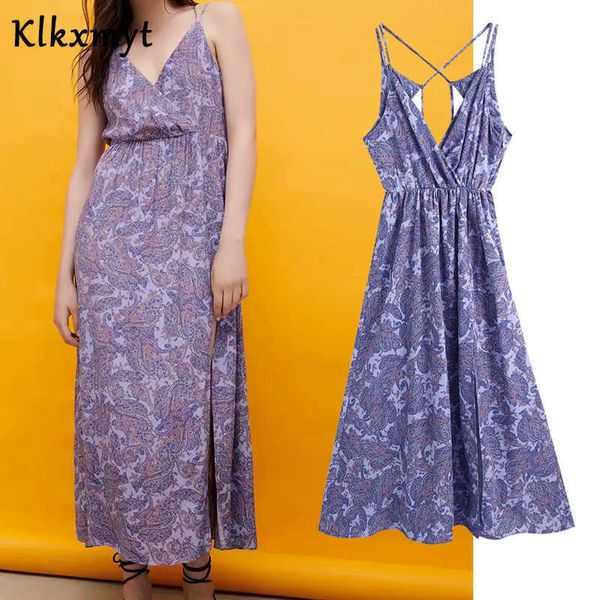 Klkxmyt Za Summer Dress Women Purple Floral Print Midi es Donna Backless Cross Thin Cinghie Donna Party Vestidos 210527