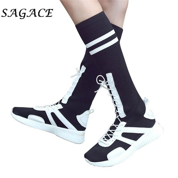 

boots sagace shoes ladies flat sports teenager girls wedge plus size 2021 autumn winter elastic socks lace up casual, Black