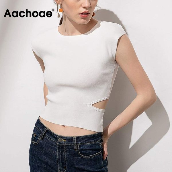 

solid chic tshirt women o neck side hollow out stylish sleeveless sheath knit short shirt female mujer camisetas 210413, White