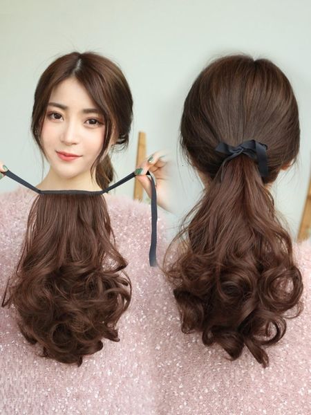 

female long wig bandage net red ponytail hair perm short pear blossom wave curl, Black