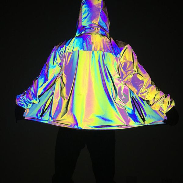 

men's designer hoodie jacket night reflective rainbow color loose large size solid street trendy zipper pocket decoration hooded coat c, Black;brown