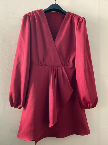 

casual dresses red party women's v-neck mini ruffle irregular ladies long sleeve loose female short, Black;gray
