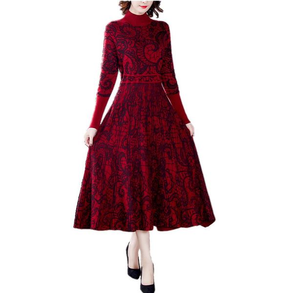 

autumn winter women base dress vintage pattern knitted sweater elegant slim long casual dresses, Black;gray