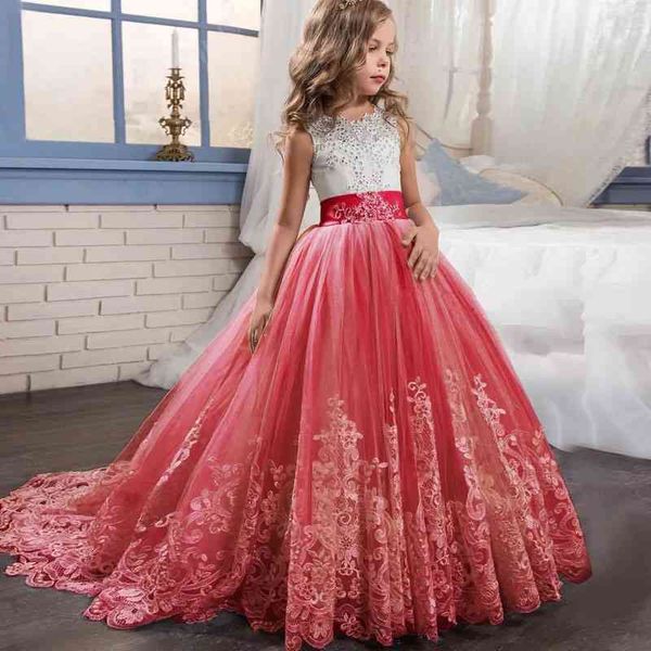 Blumenmädchen-Hochzeitsabend-lange Partei-Kind-Kleider für Mädchen-Prinzessin-Teenager-Kleid 7 8 9 10 12 14 Jahre Vestidos 210317