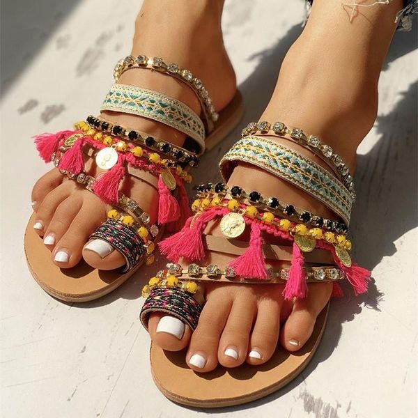 

bohemian shoes women flat sandals bling crystal bead beach flip flops slippers large size slides xkd4062, Black