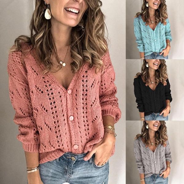 

women's sweaters casual women v neck solid color buttons hollow out cardigan knitted sweater, White;black