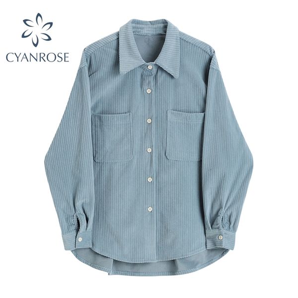 

blue striped corduroy shirt loose basic vintage blouse ladies casual cardigan lapel pocket retro bf harajuku street blusas 210430, White