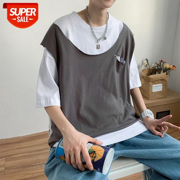 

hong kong style fake two-piece short-sleeved t-shirt men's summer loose tide brand ins couples half-sleeved color matching trend five-, White;black