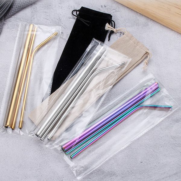 

7 colors portable reusable stainless steel 4pcs set straight bent straw cleaning brushs drinking tools wedding gift
