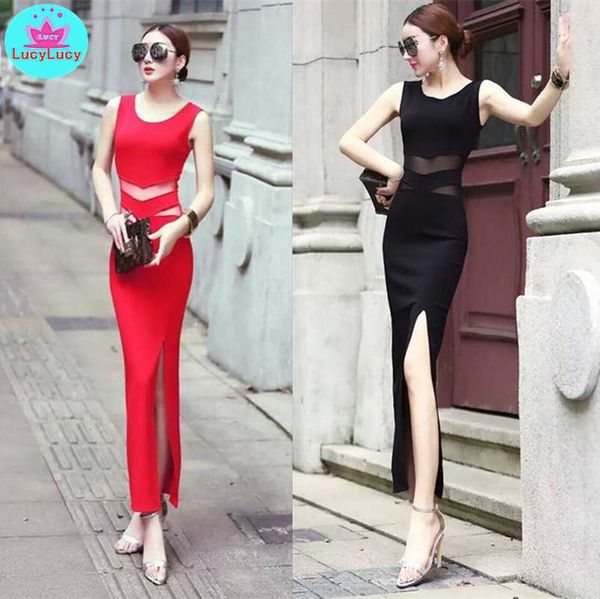 

summer round neck slimming sleeveless perspective high slit bag hip nightclub long dress 210603, Black;gray